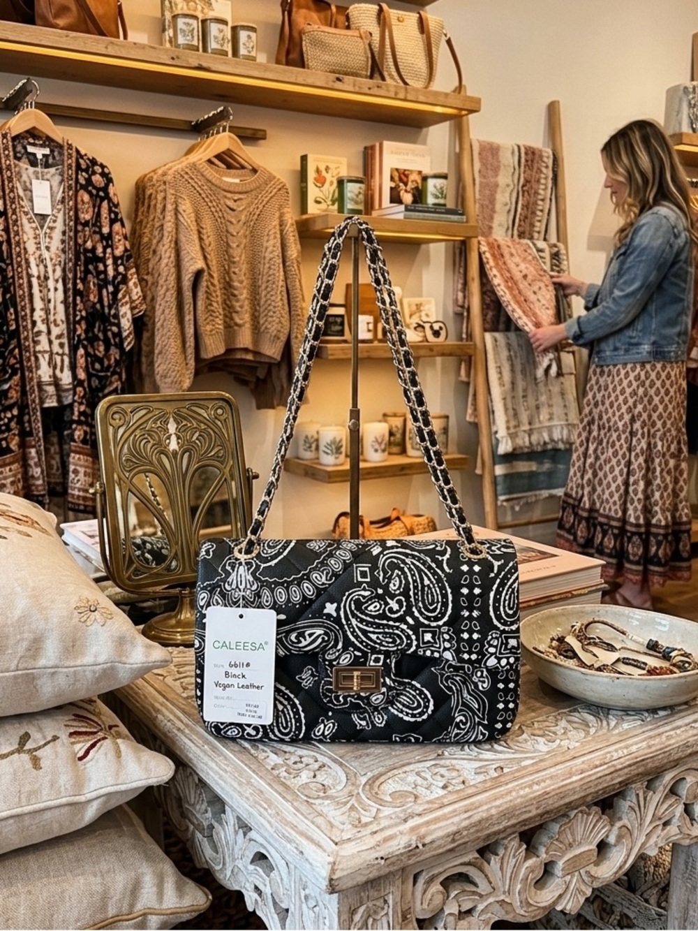 Black Paisley Vegan Leather Chain Crossbody Bag